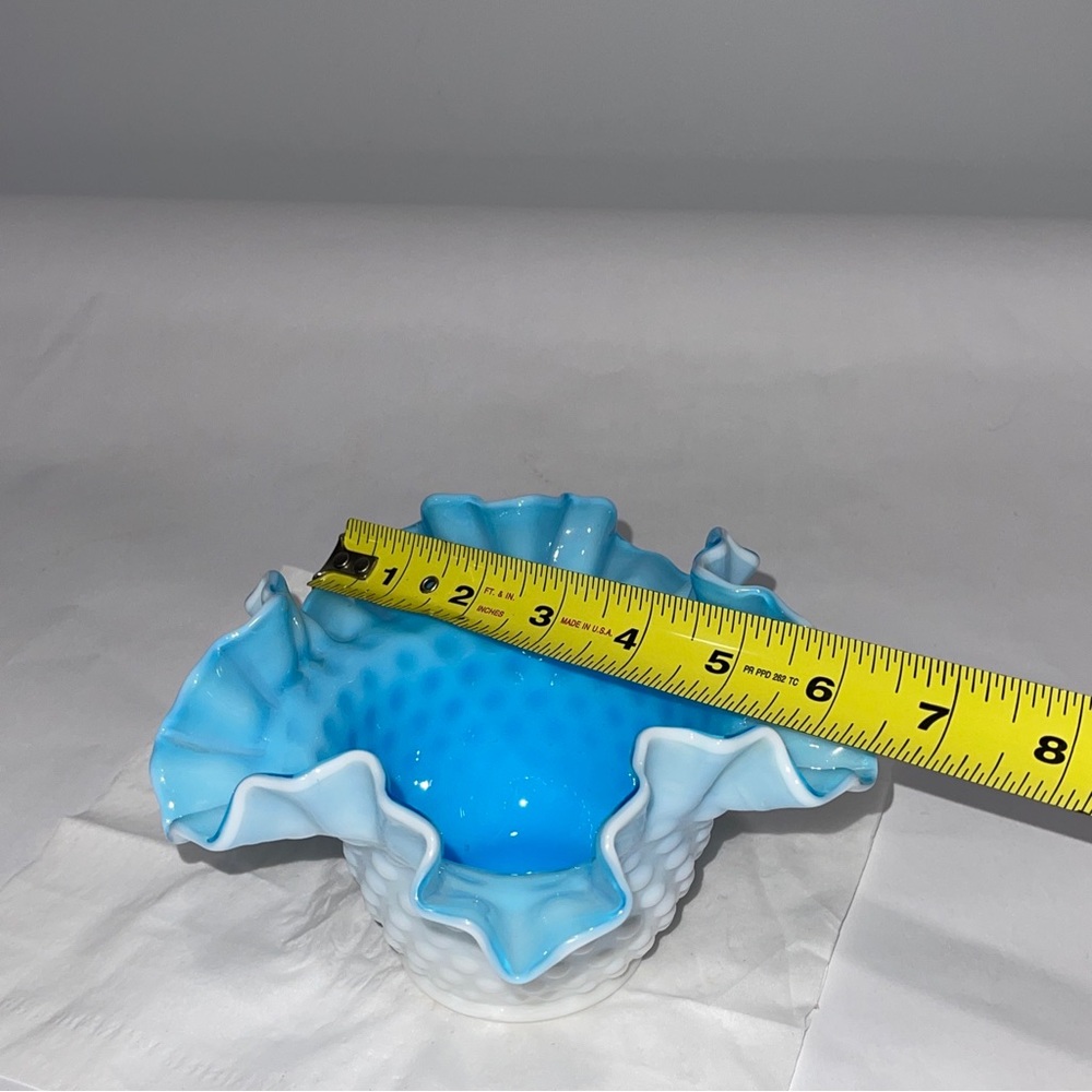 Kanawha Cased Blue & White Glass Hobnail Ruffled Bowl Vase Vintage Glass - Picture 13 of 14